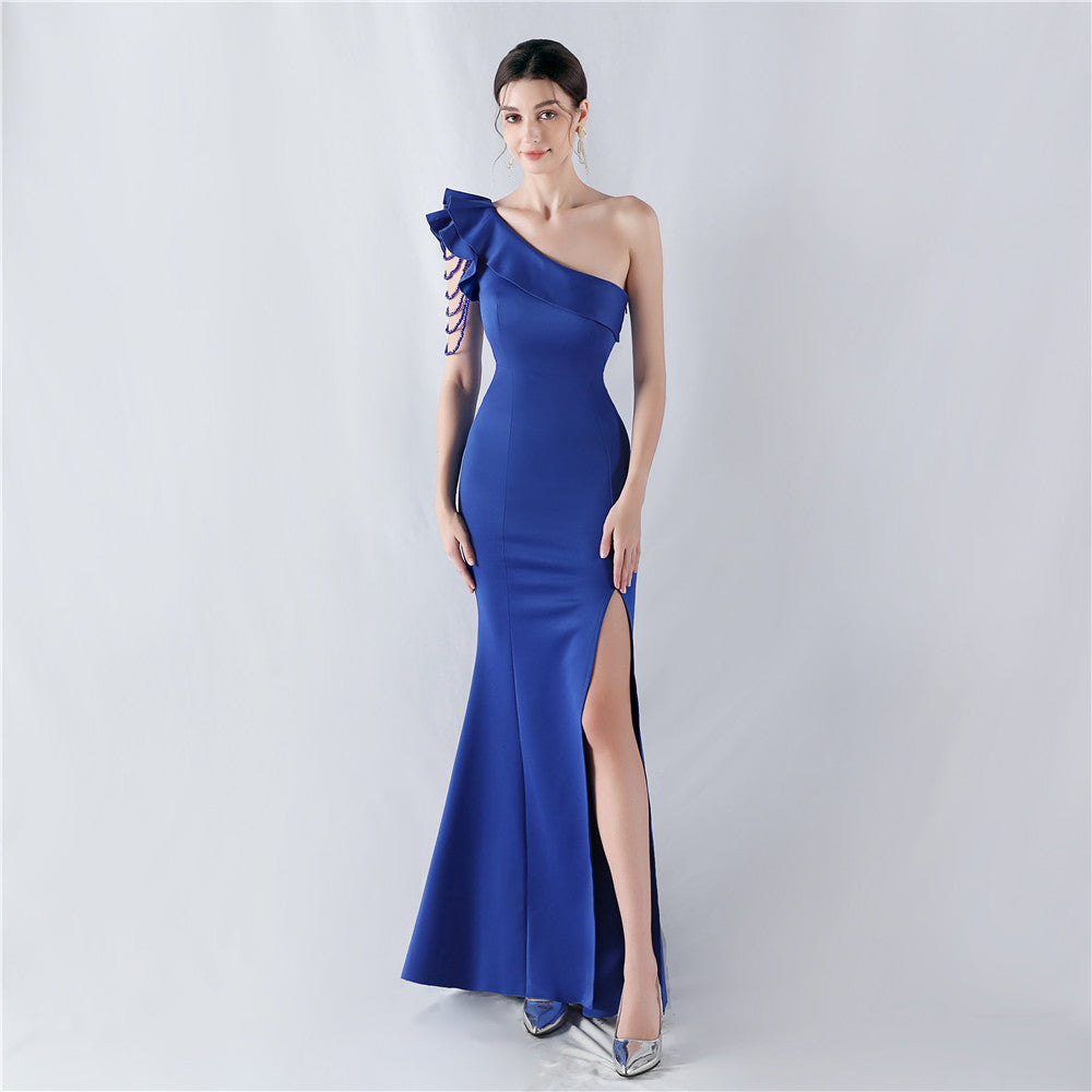 Women Beaded One-shoulder Slash Shoulder Evening Dress 9