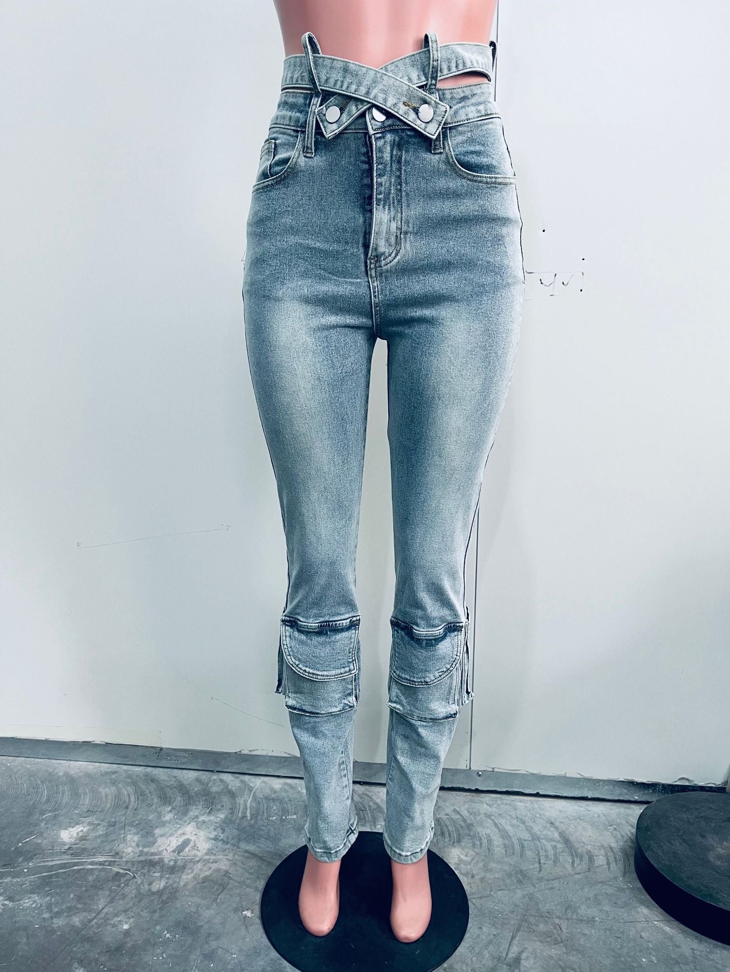 Women Fashion Double Waist Cargo Denim Trousers 11