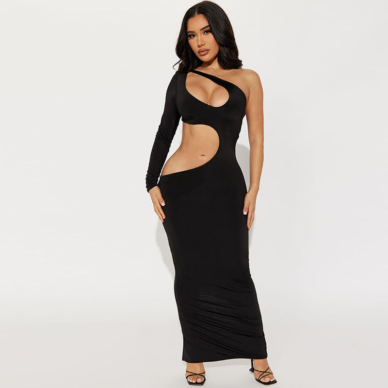 Women Hollow Irregular Long Sleeve Slash Shoulder Sexy Bodycon Dress 3