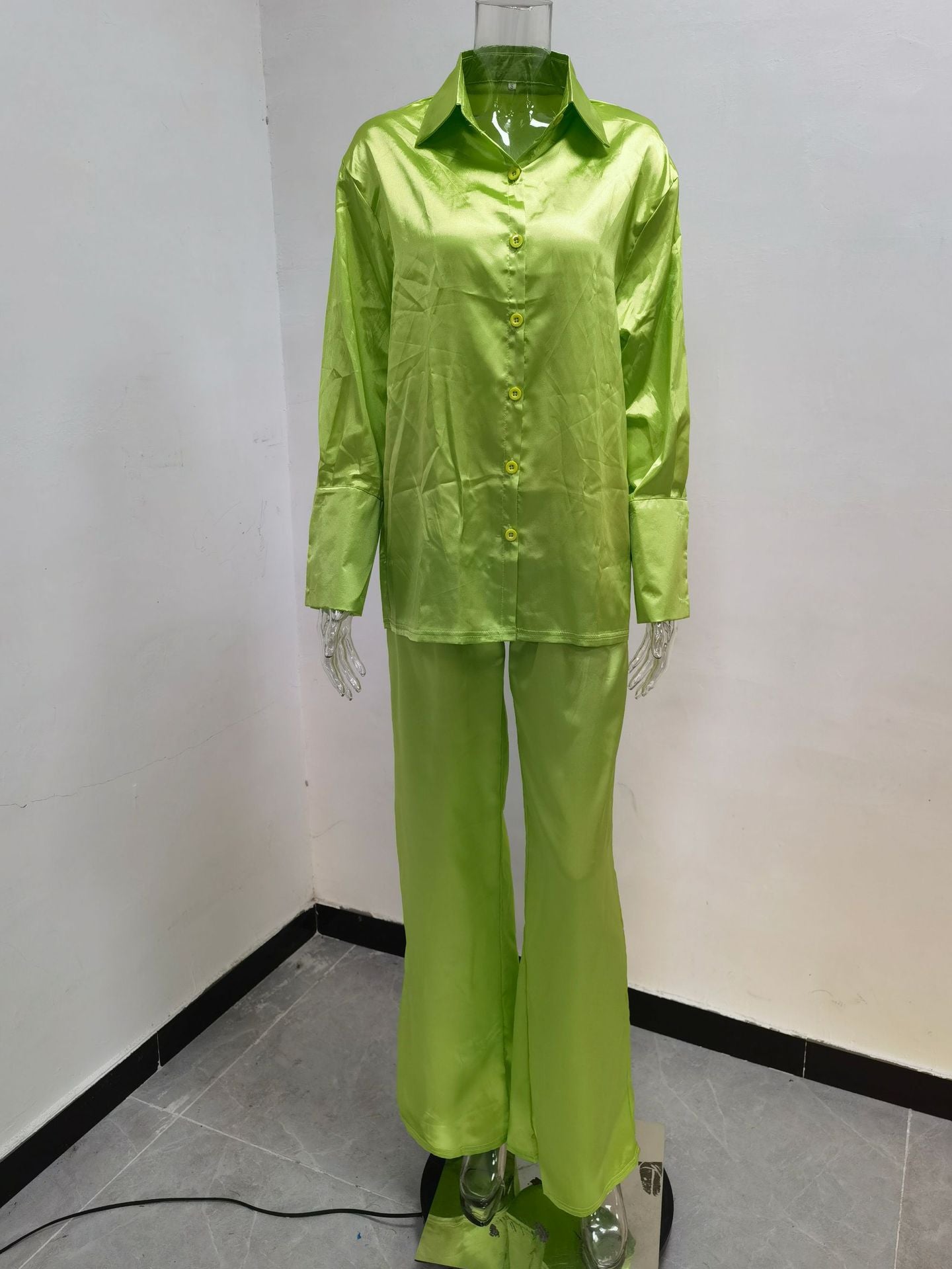 Solid Color Satin Long Sleeve Casual Two Piece Pants Set Trendy Lounge Wear 17