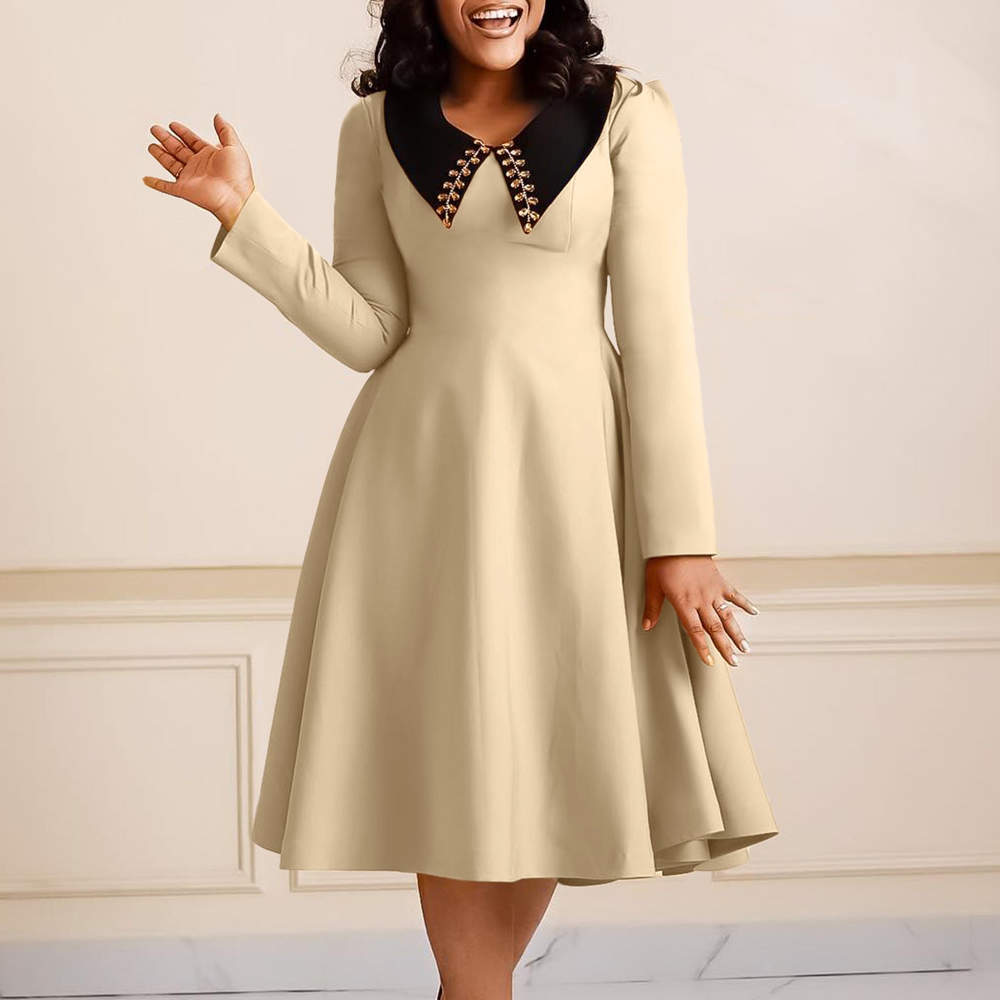 African Women Solid Long Sleeve Turndown Collar Elegant Dress 10