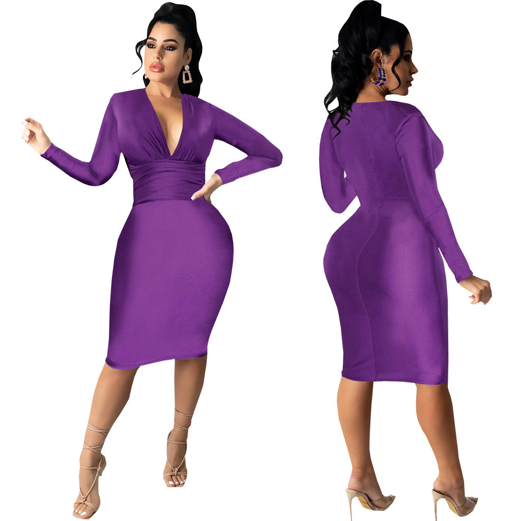 Women Sexy Solid Shiny Long Sleeve V-Neck Dress 15