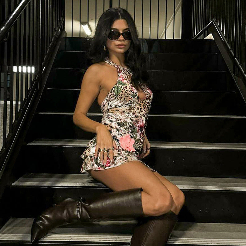 Summer Halter Neck Low Back Printed Dress Fashion WomenŸ??s Gown 3