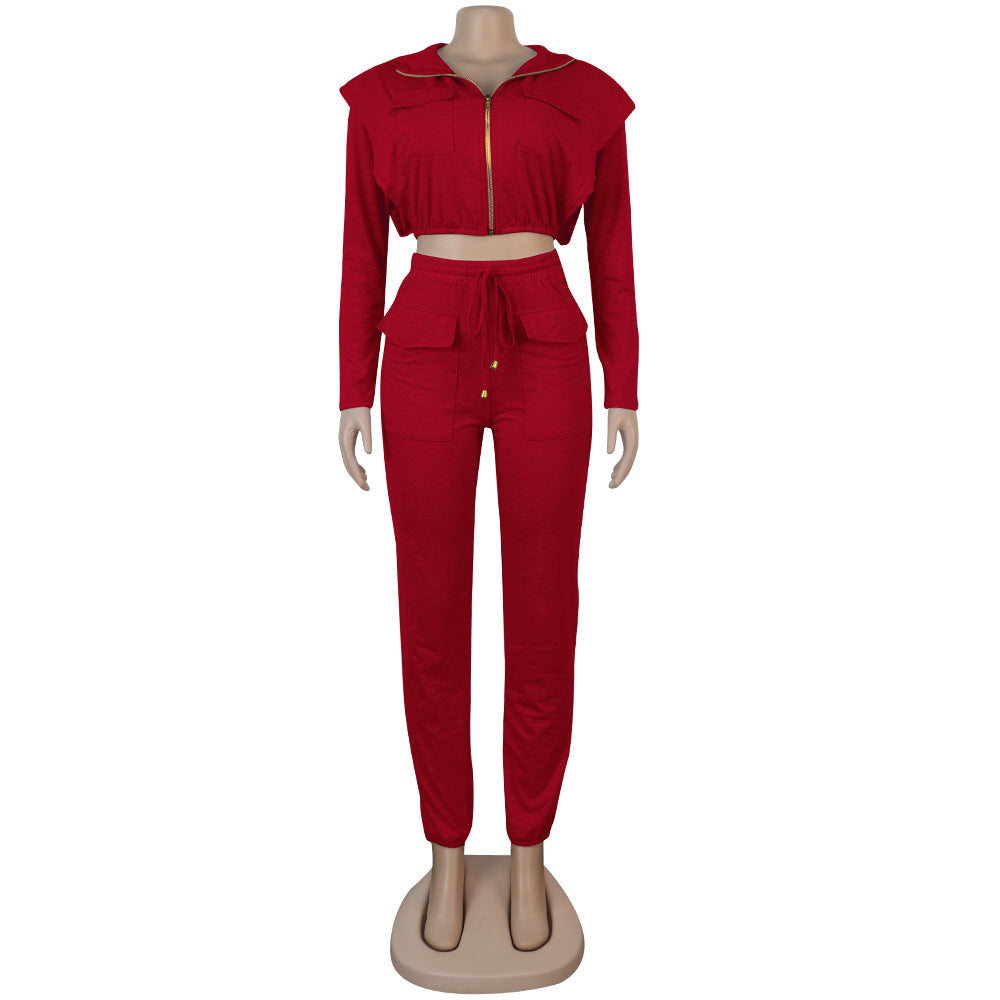 Women Sexy Zip with Cap Long Sleeve Top + Trousers Two-piece Set 26
