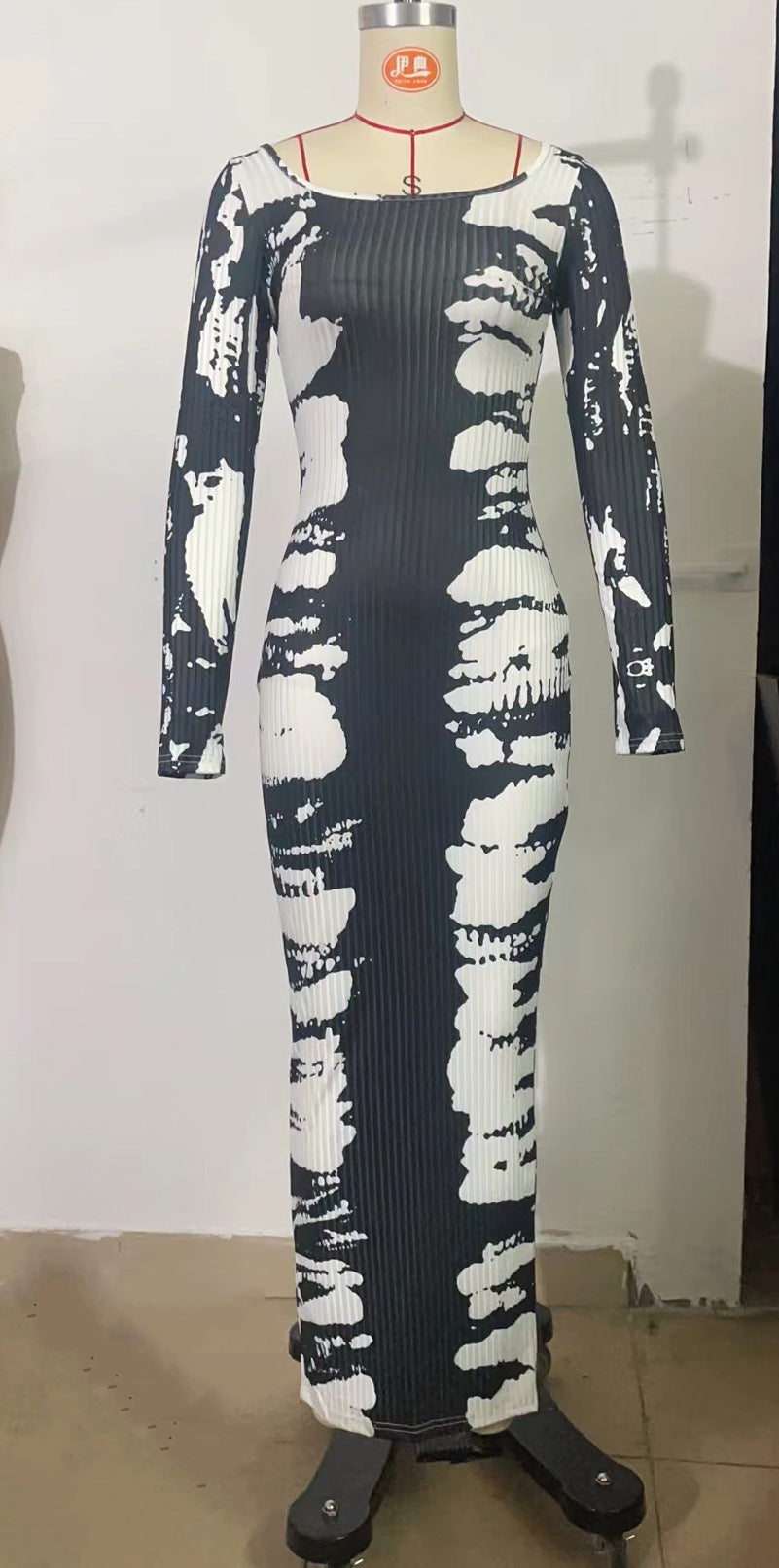 Women Printed Long Sleeve Square Neck Sexy Bodycon Dress 13