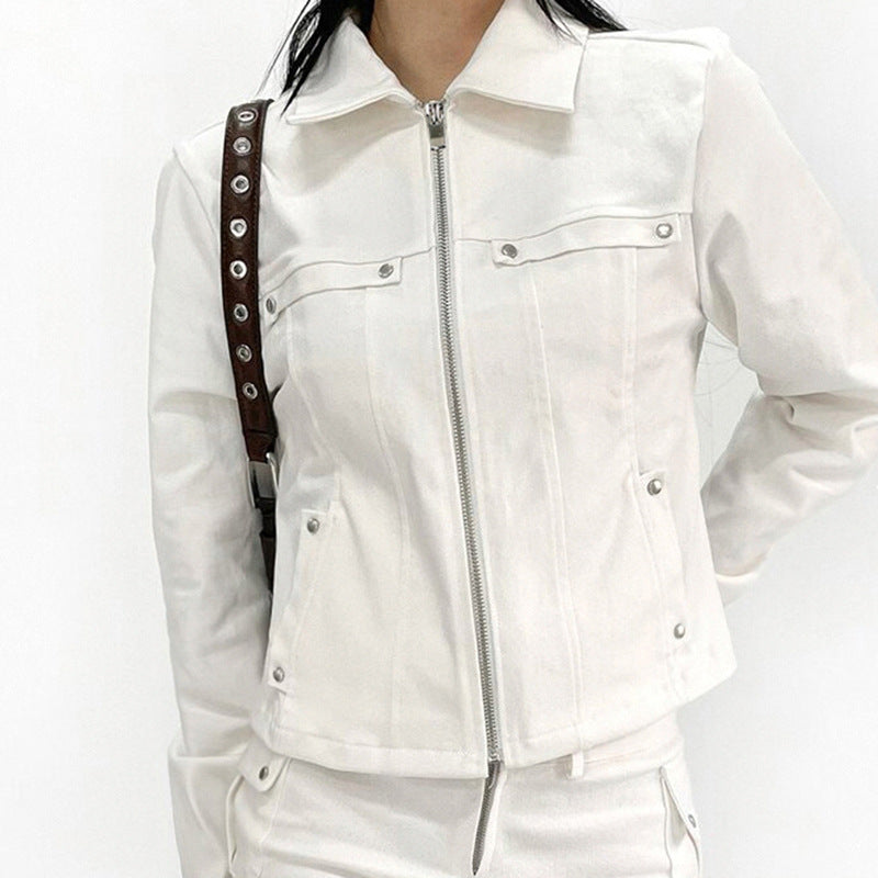Women Riveted Turndown Collar Zipper Cargo Jacket 5