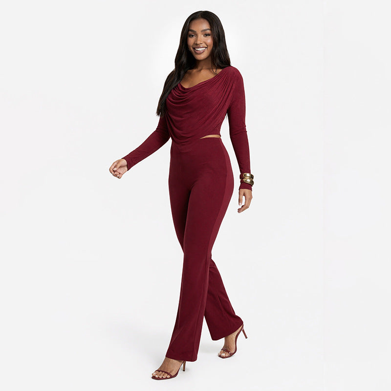 Women Fall Solid Casual Long-Sleeved Top and Pants Two-Piece Set 8