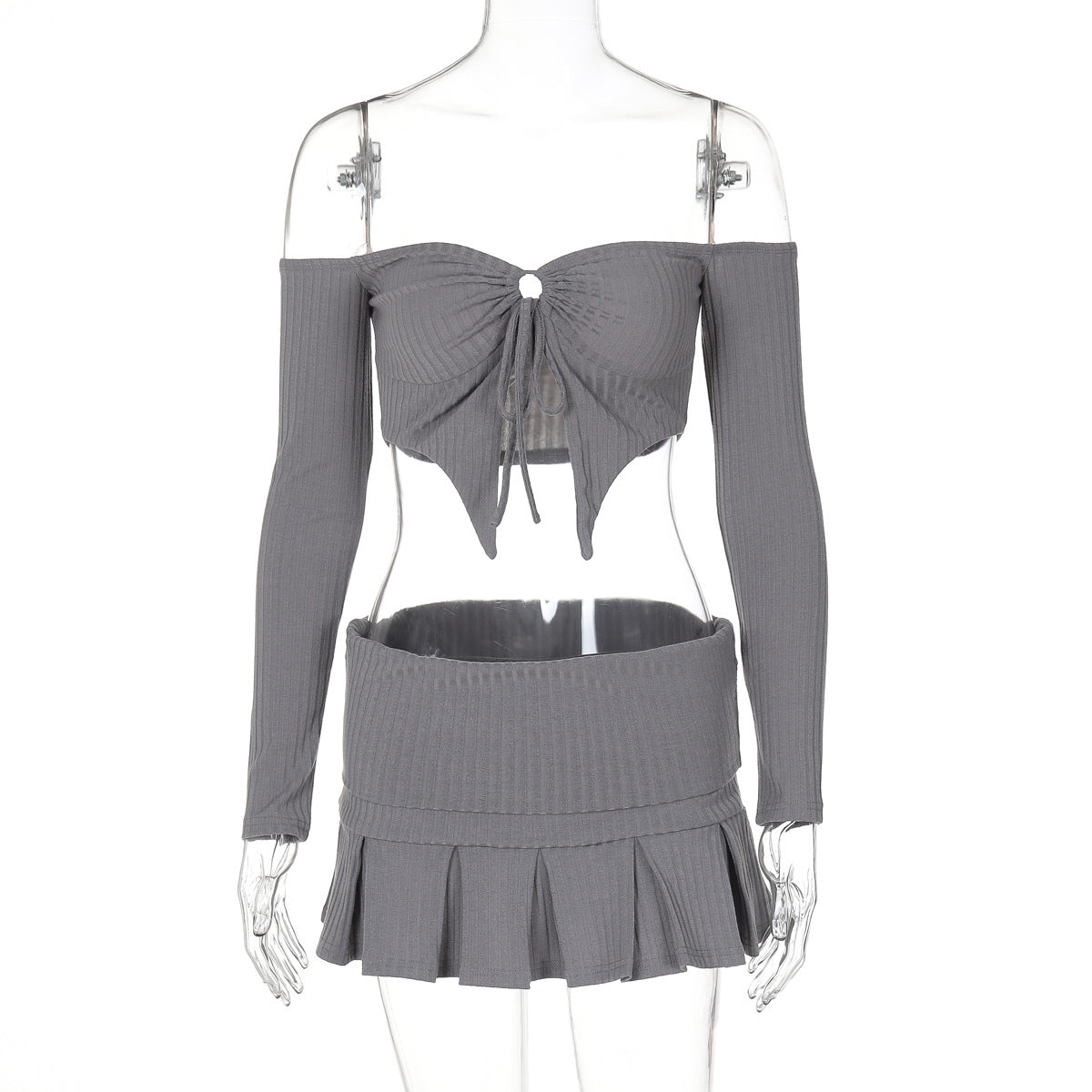 Women Autumn Sexy Off Shoulder Tie Long Sleeve Top and SkirtTwo Piece Set 6