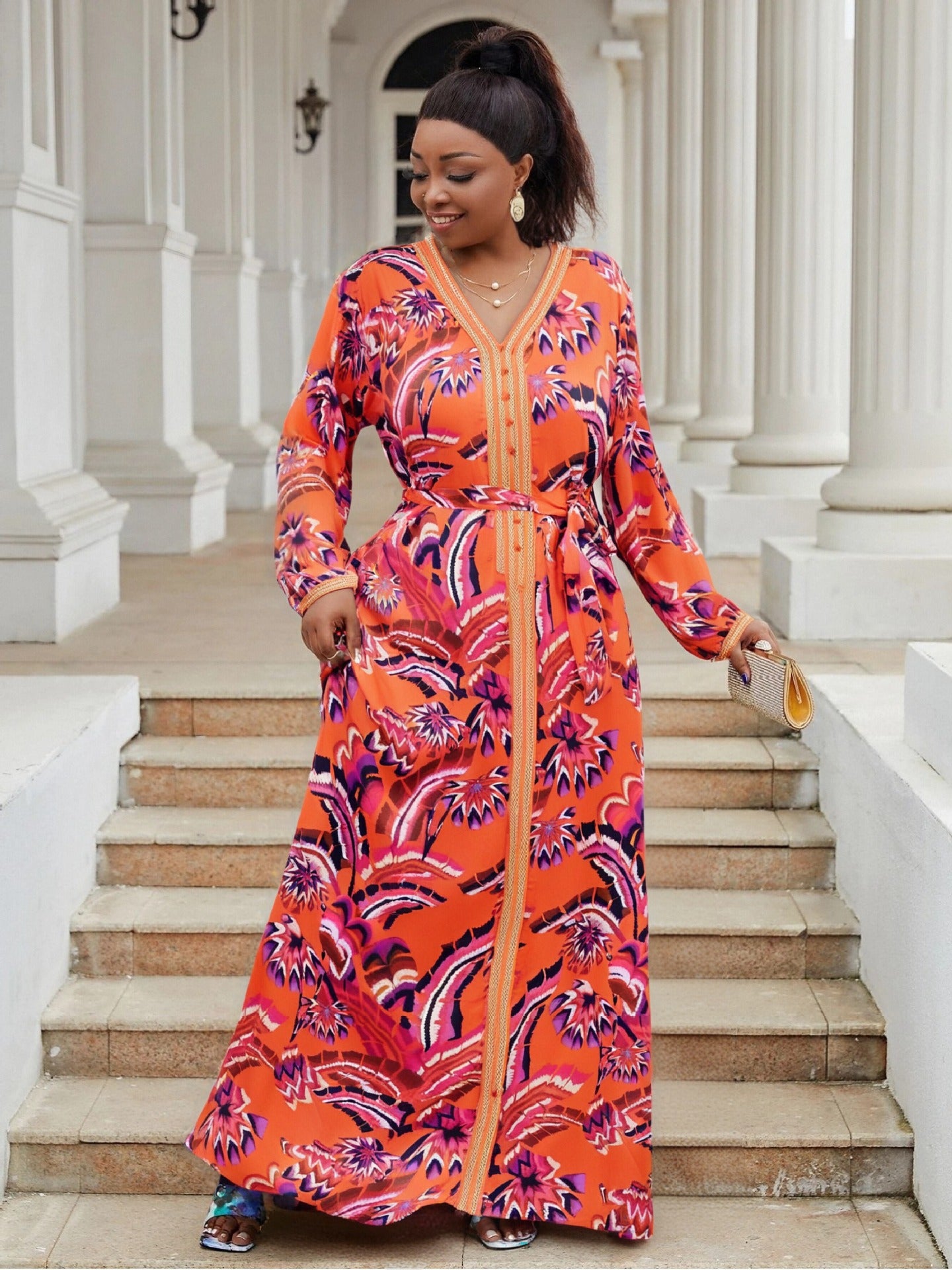 Plus Size Women's Loose Lace Embroidery Chiffon Print Evening Dress