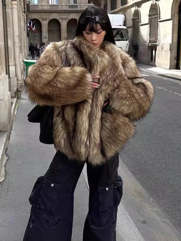 Women's Fur Coat Brown Turndown Collar Environmentally Warm Coat 5