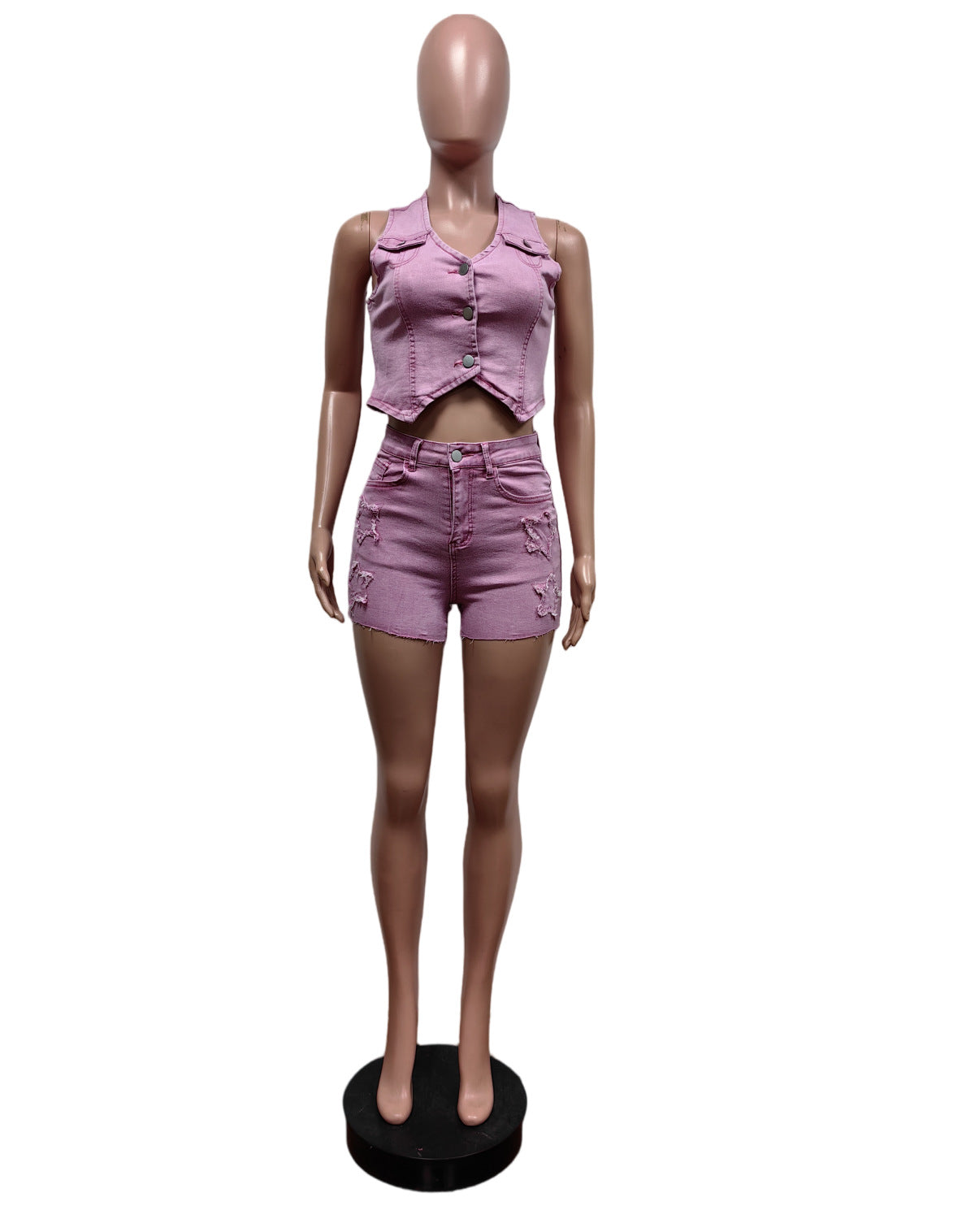 Stretch Denim Embroidered Vest Shorts Suit For Women 8