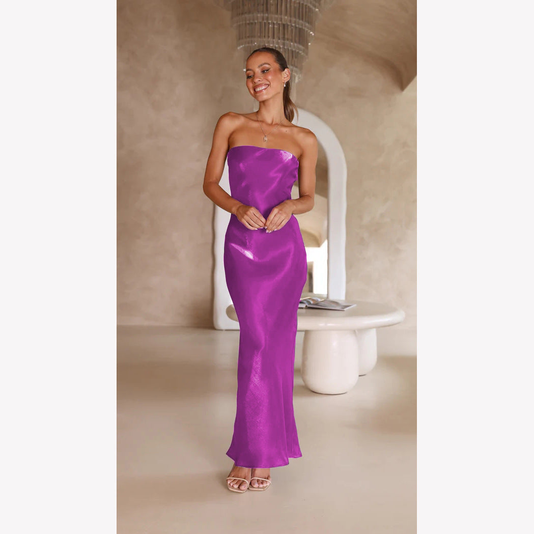 Summer Style Bright Solid Color Strapless Sexy Long Dress 6