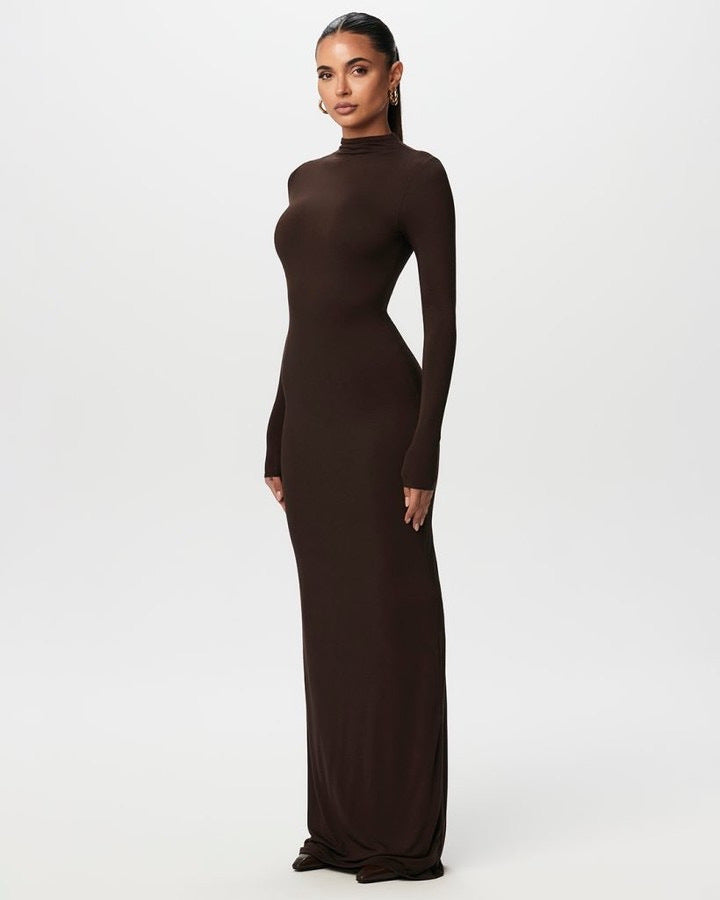 Women's Autumn Winter Stand Collar Long Sleeve Slim Solid Color Bodycon Dress 7