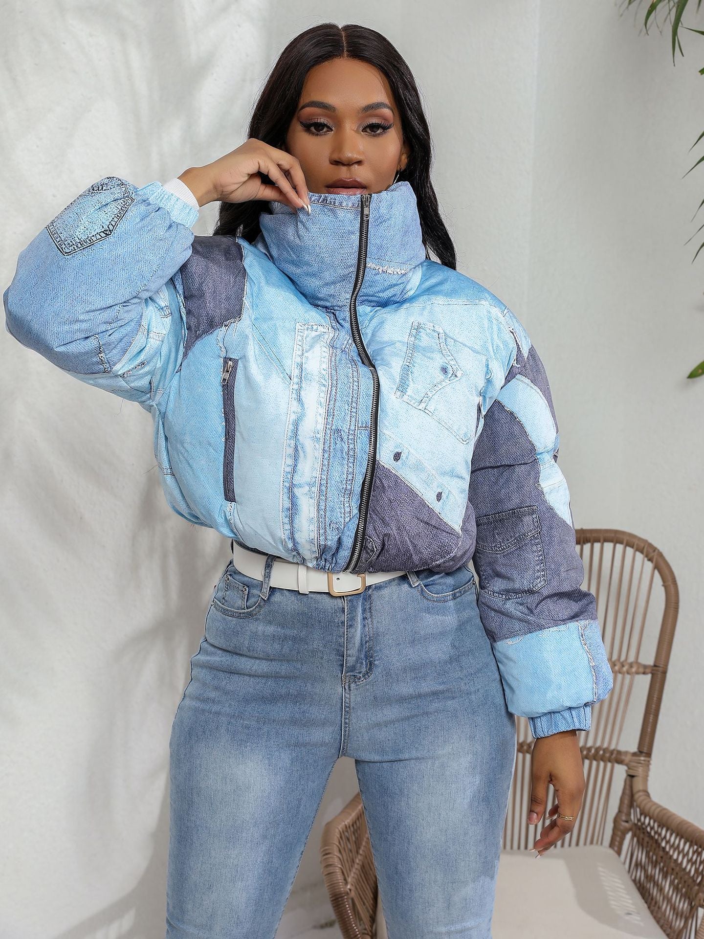 Fashion Women's Coat Denim Pattern Printed Cotton Padded Jackets