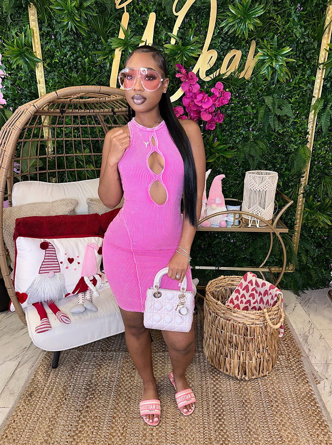 Women Stretch Ribbed Sexy Hollow Bodycon Print Dress 3