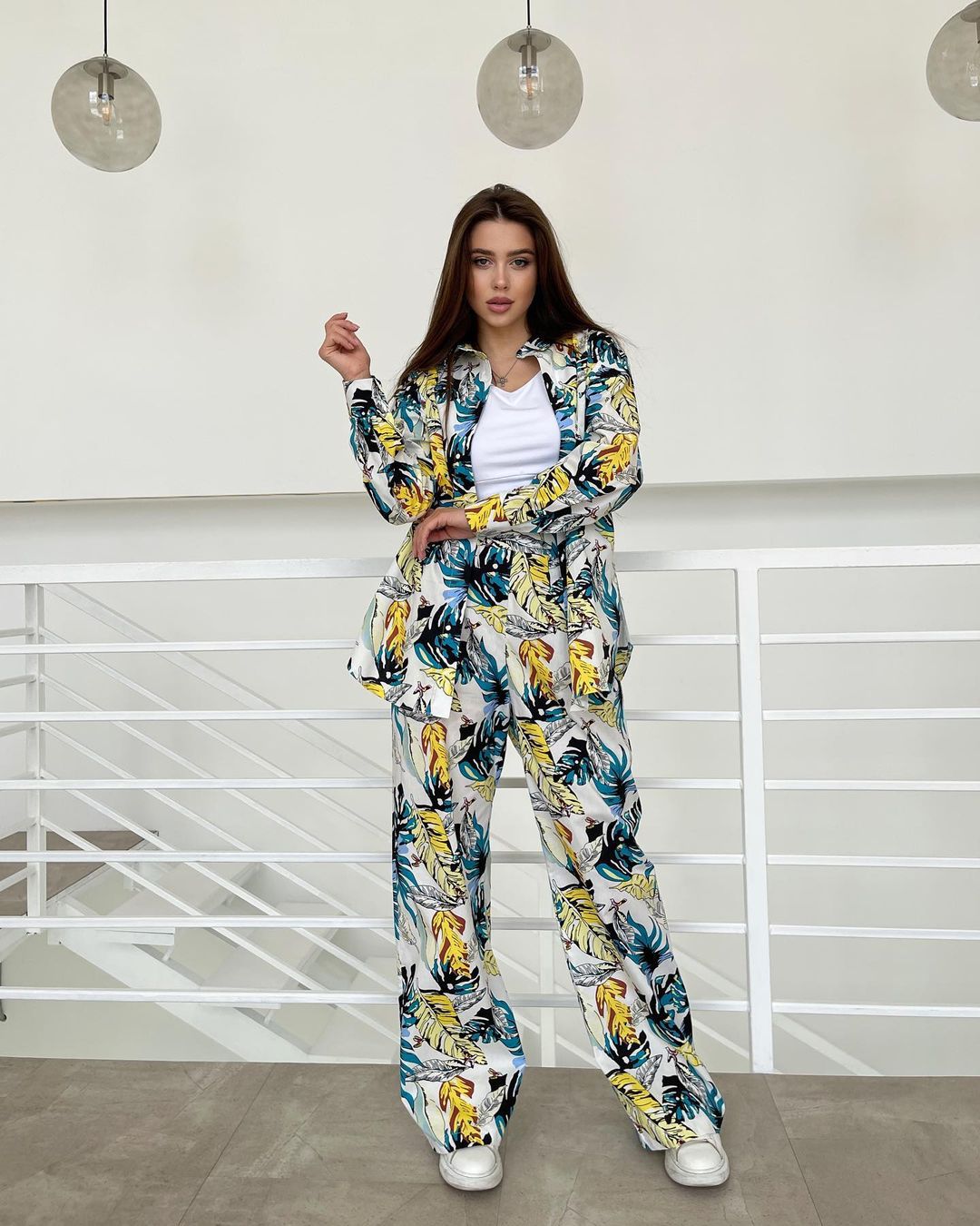Autumn Fashion Floral Print Plus Size Loose Top High Waisted Wide Leg Pants Women Casual Suit 8