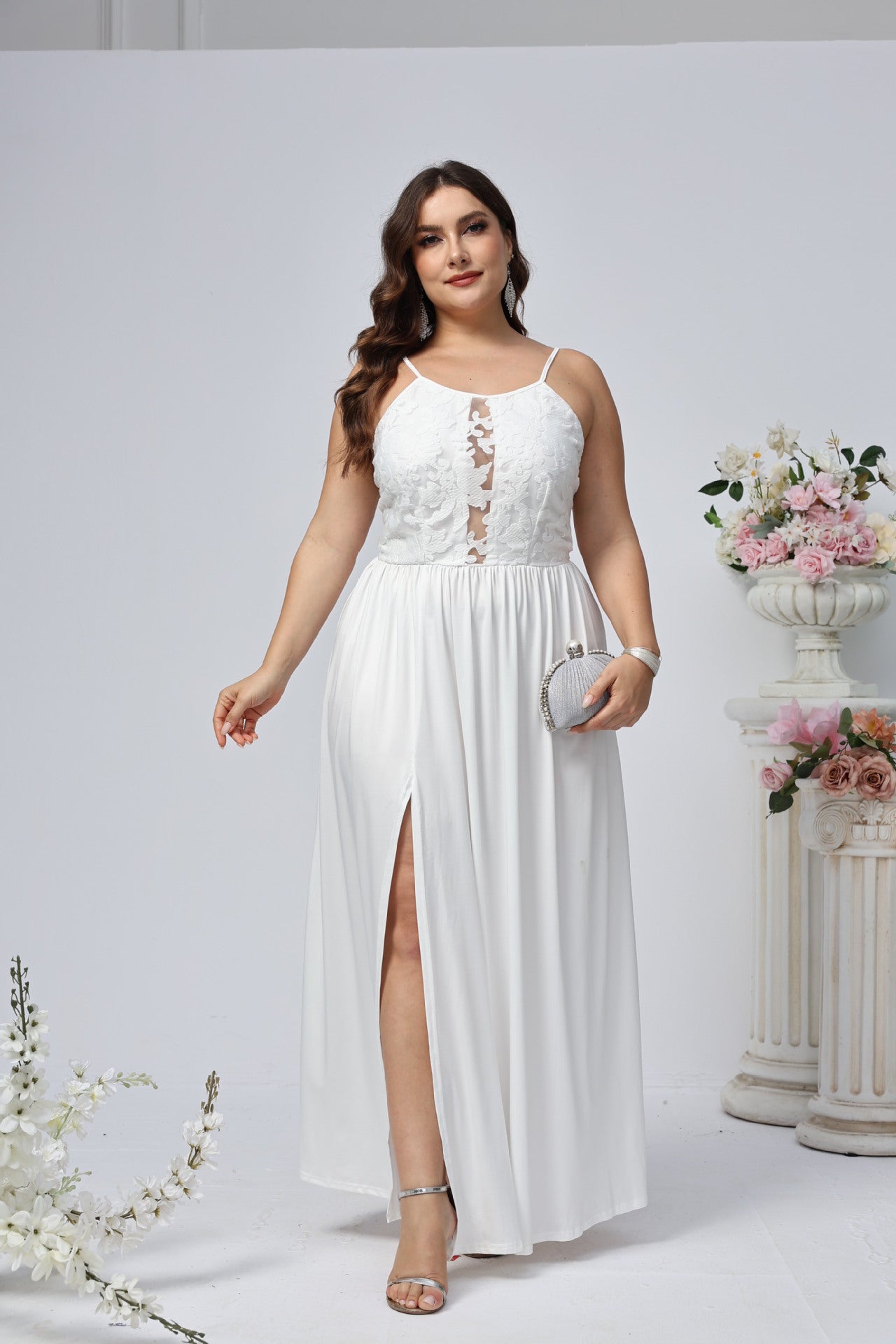 Plus Size Women Solid Sling Backless Slit Dress