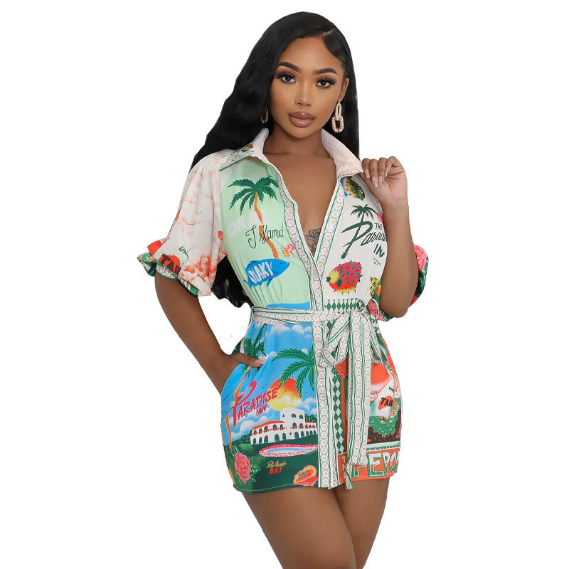 Casual Fashion Printed Short Sleeve Shirt Dress 5