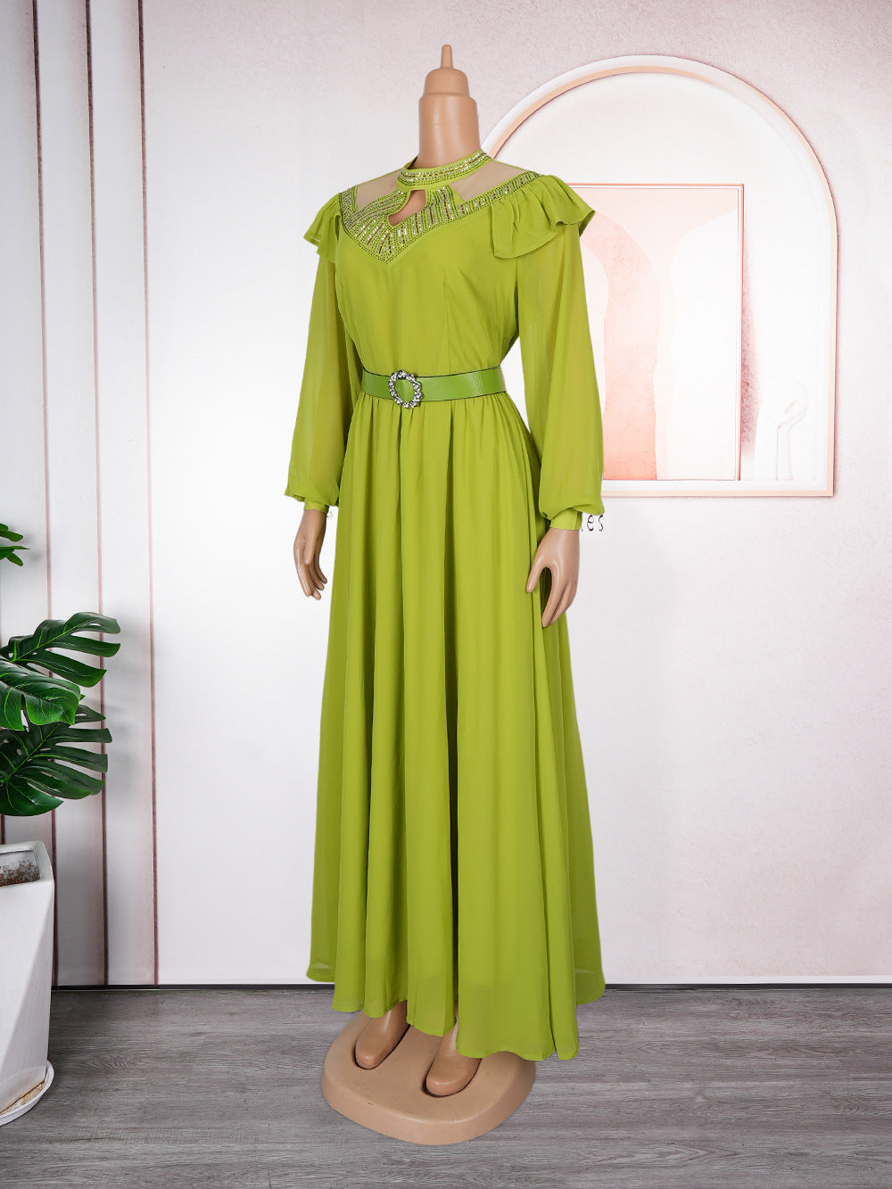 Plus Size Elegant Women Beaded Dress with Belt 17