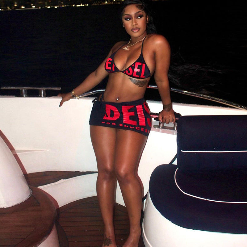 Women Summer Sexy Halter Neck Strappy Top Bodycon Skirt Bikini Two-piece Set 3