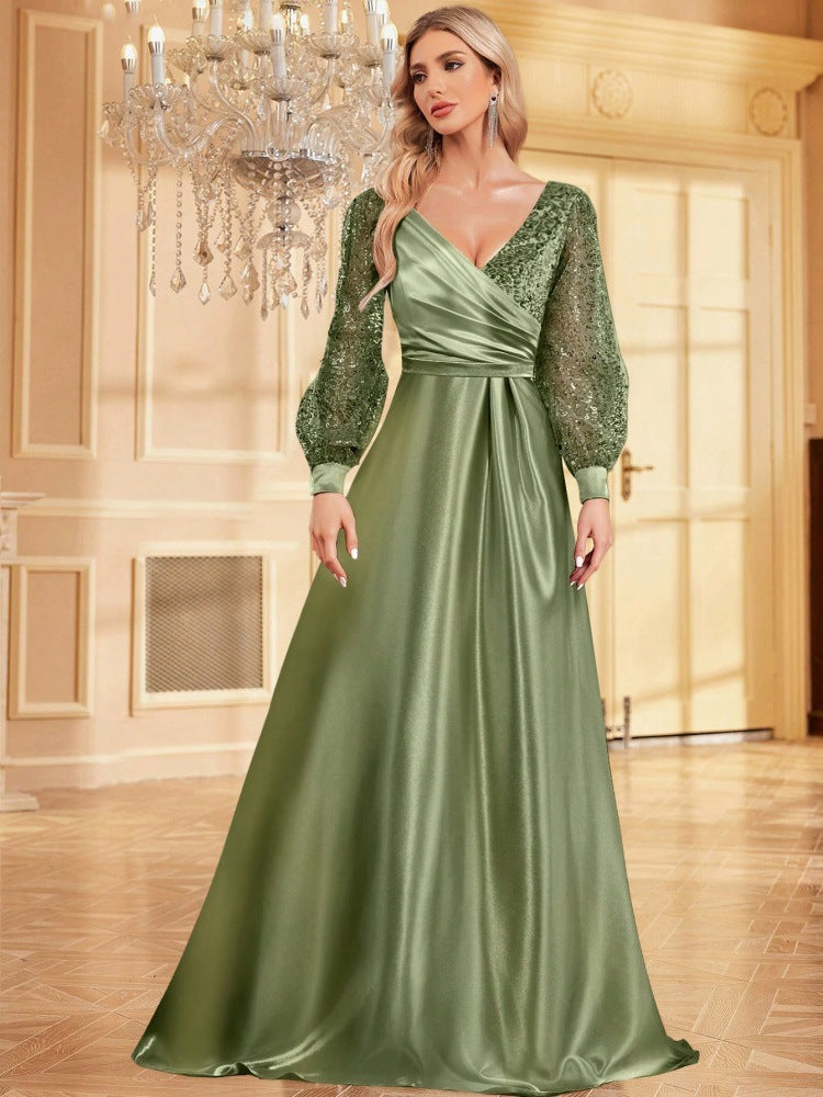 Women Silk V-neck long-sleeved fishtail sequined Formal Party evening dress 4