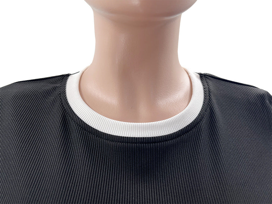 Spring Summer Style Round Neck Contrast Color Short Sleeve Top Women's Fashion Casual Wide Leg Pants Sports Two Piece Set 17