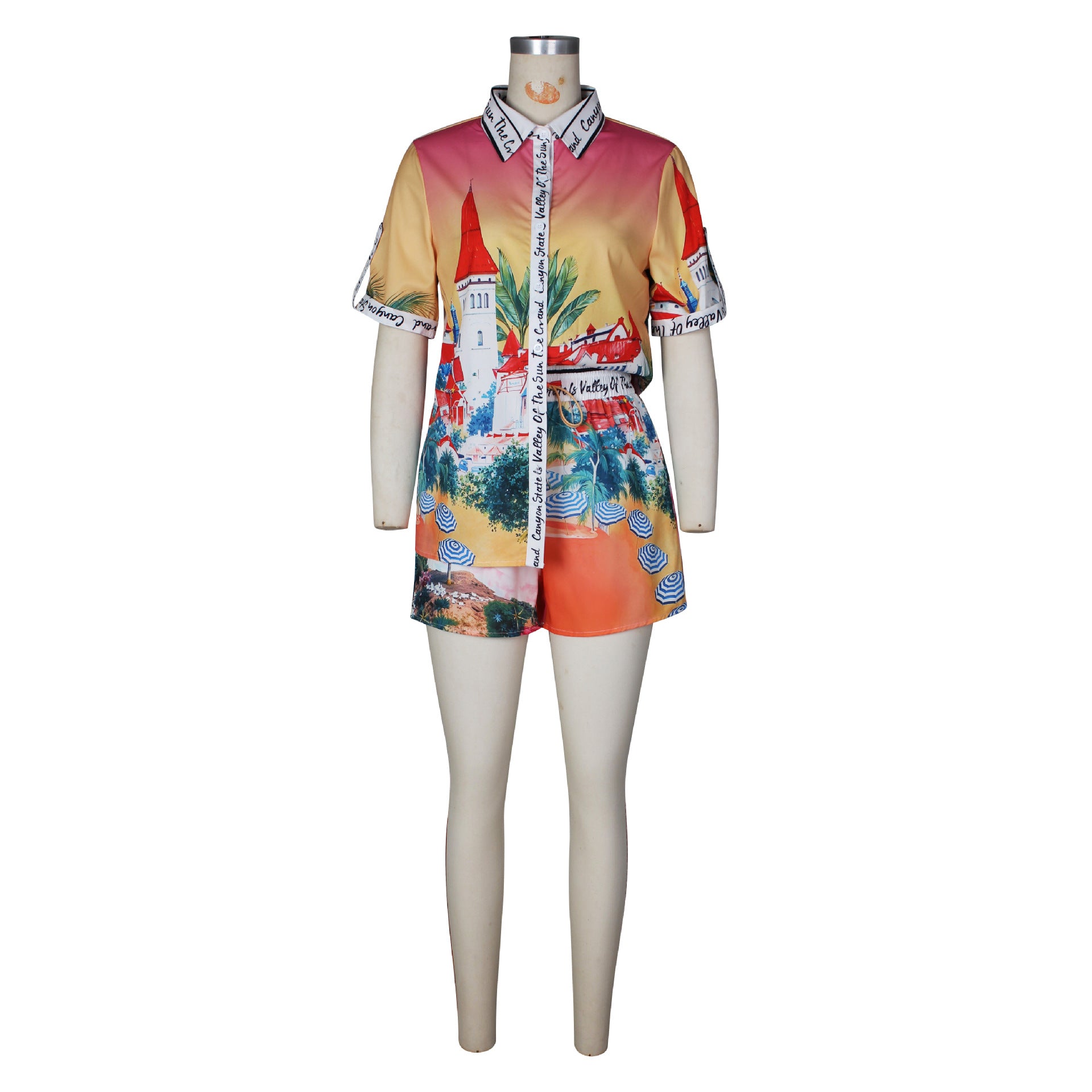 Women’s Print Short Sleeve T-shirt & Shorts Color-Block Holiday Casual Set 9