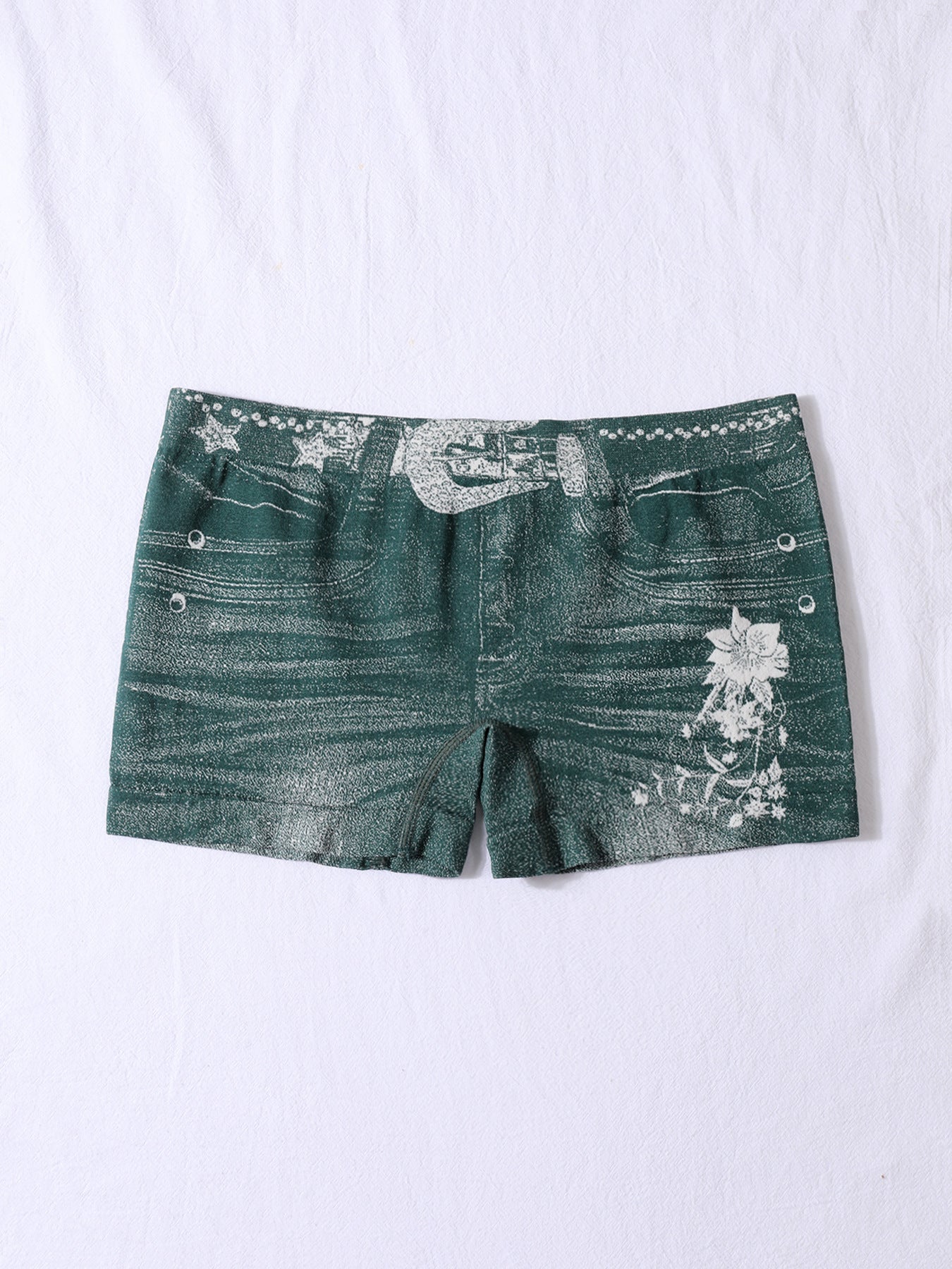 Seamless Simulated Denim Pattern Print Outdoor Wear High Stretch Mid-Rise Women's Square Leg Shorts 6