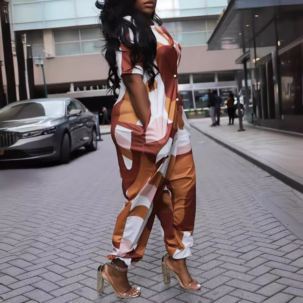 Summer Plus Size Turndown Collar Loose One-Piece Irregular Print Sexy Jumpsuit 4