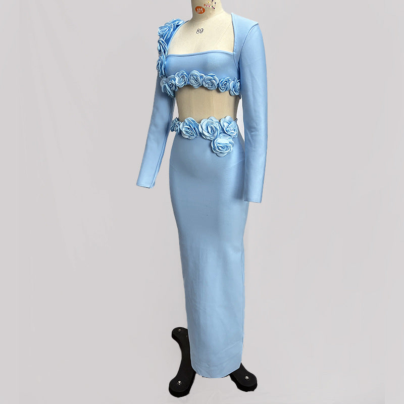 Solid Color Long Sleeve Flower Bandage Top Long Skirt Two-Piece Set 16