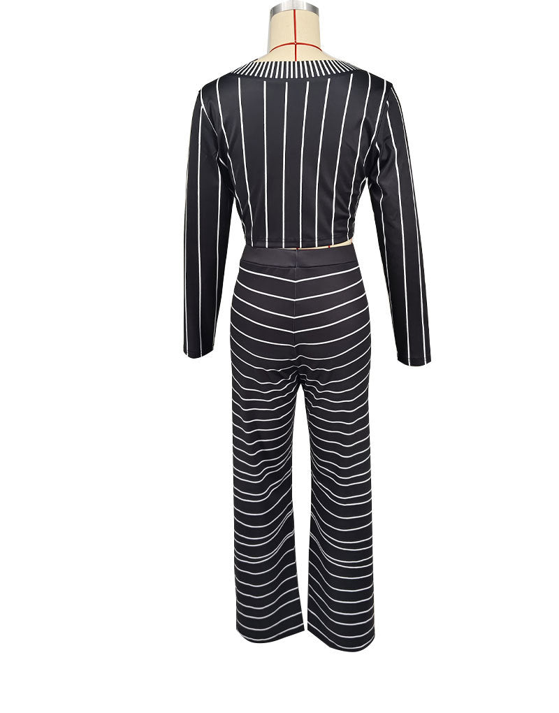 Casual Stripes Long Sleeve Top Trousers Autumn Two Piece Set 6