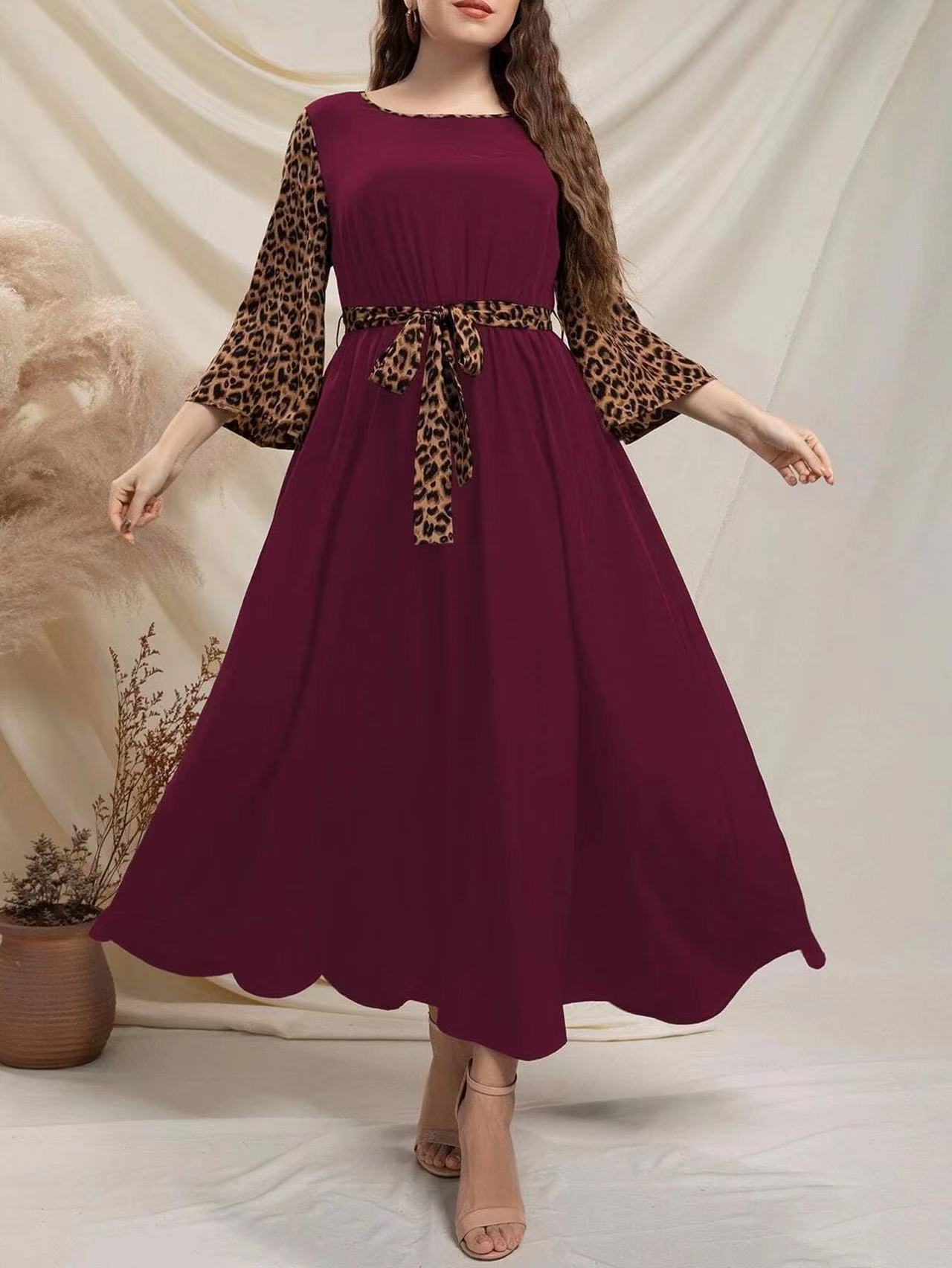 Plus Size Women Leopard Patchwork Bell Bottom Sleeve Slim Waist Long Dress 6