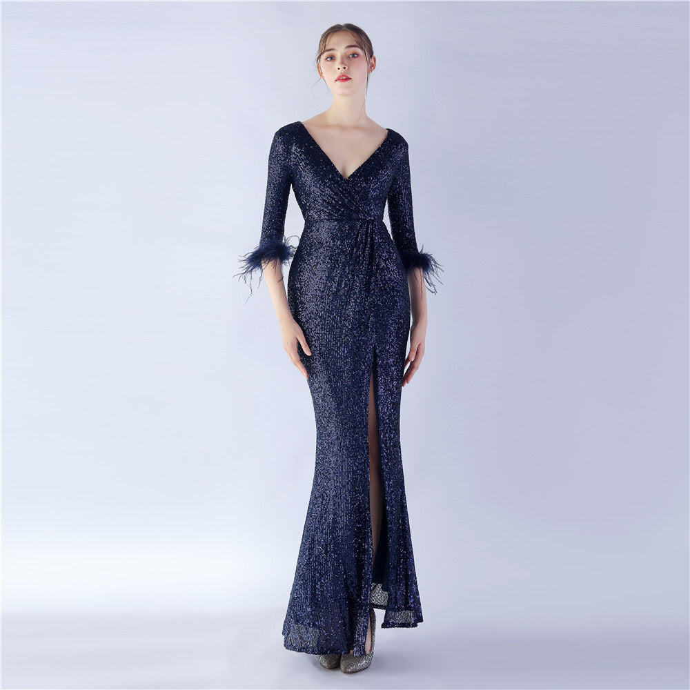 Sexy Feather Sequined Long-Sleeved Evening Dress 5