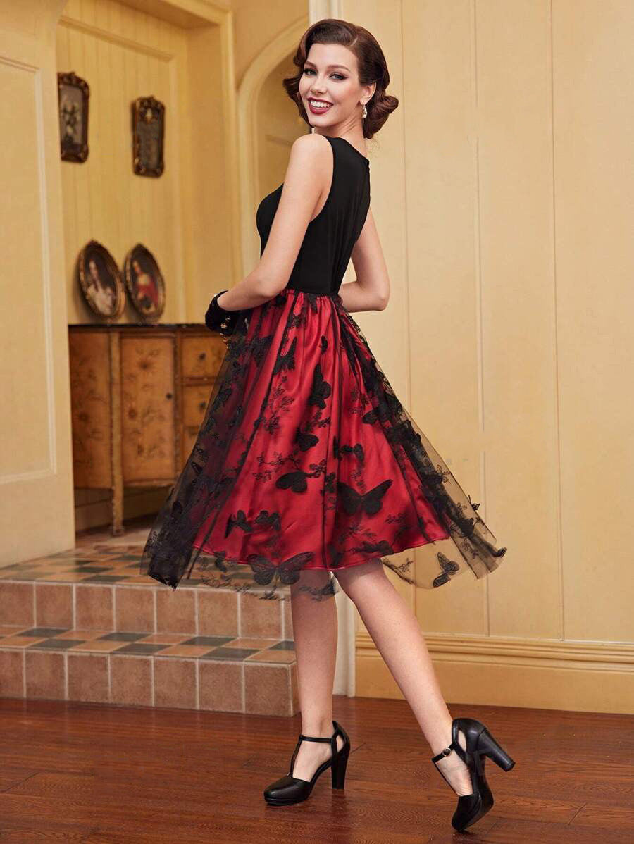Sleeveless Butterfly Embroidery Chic Evening Dress Patchwork Contrast Red Party Gown 3