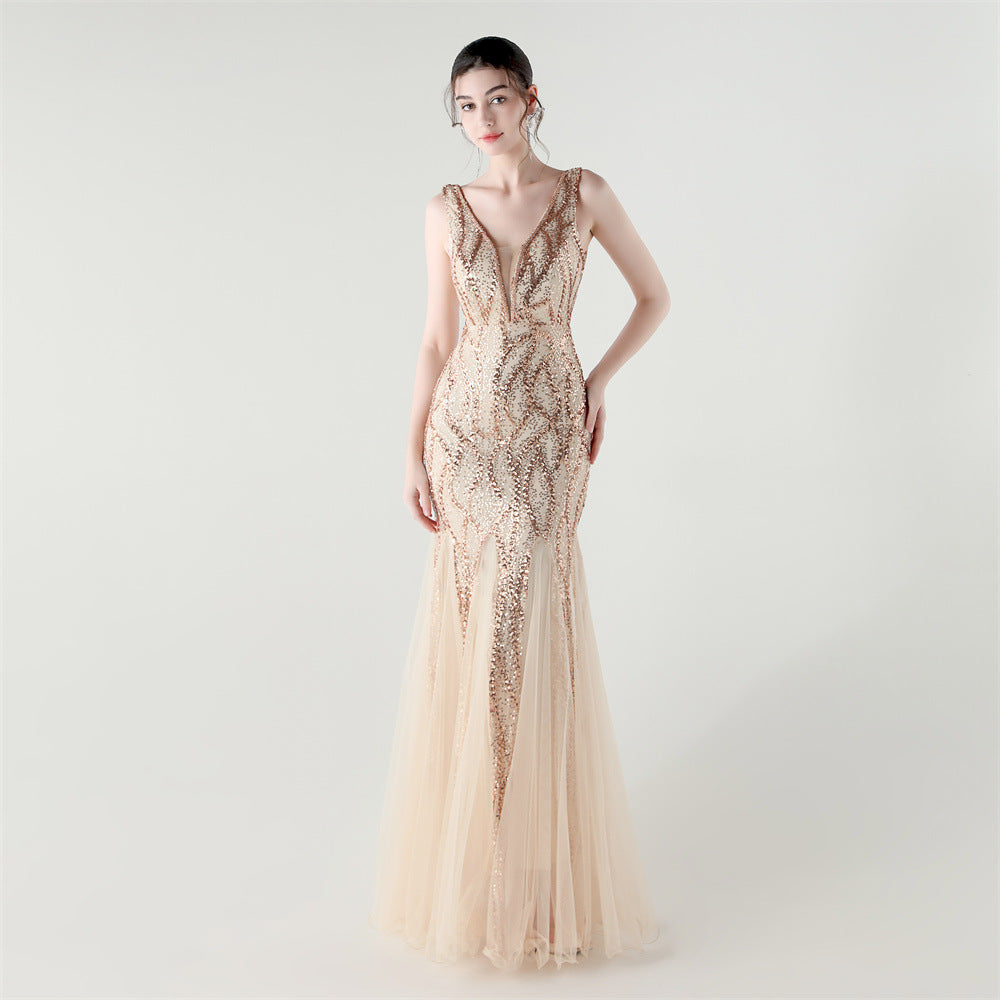 Deep V Fishtail Sequin Mesh Formal Party Evening Dress 4