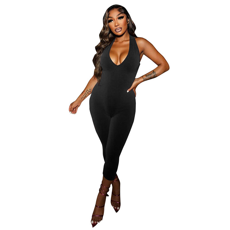 Women Spring and Summer Solid Halter Neck V Neck Backless Jumpsuit with Tie 14