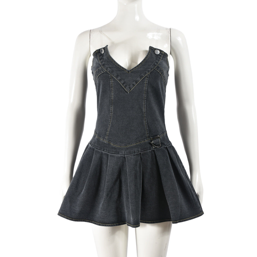 Women Stretch Denim French Pleated V-Neck Denim Dress 7