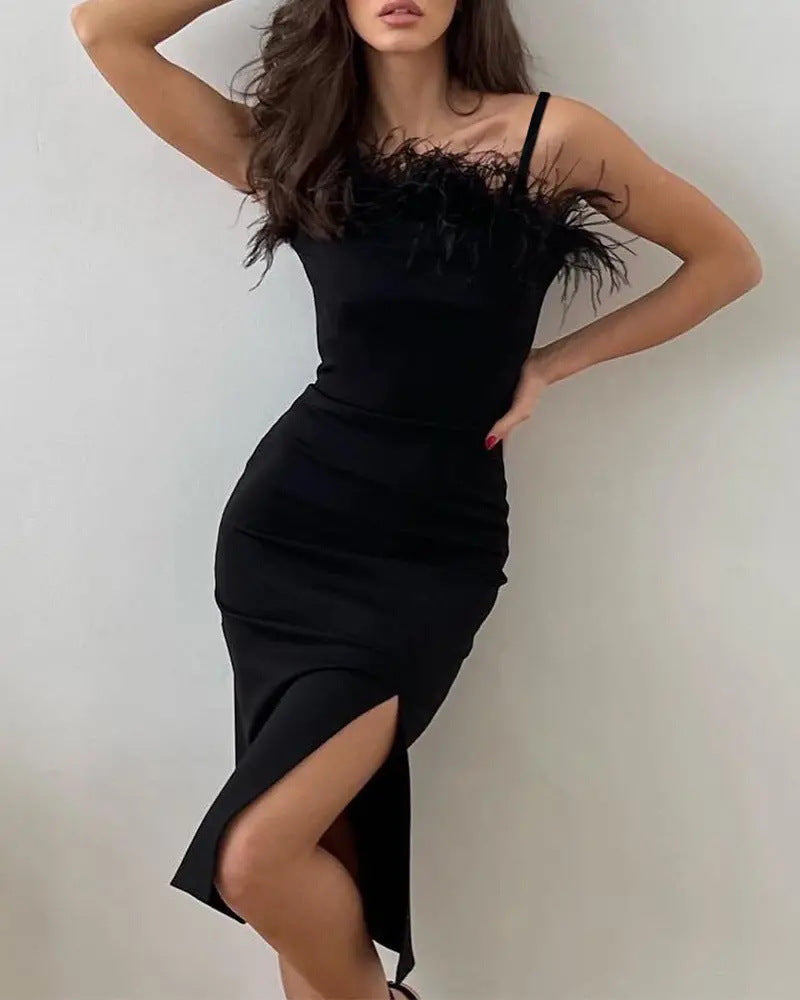 Fall Solid Sling Feather Trim High Slit Party Slim Dress 6