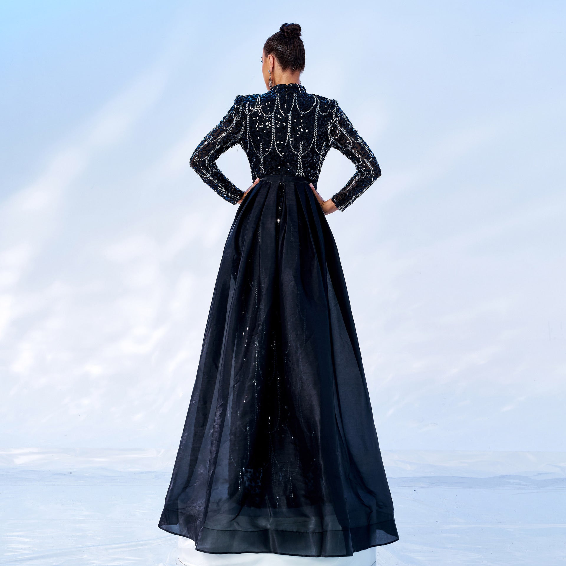 Women Long Sleeve Round Neck Sequined Formal Party Cape Maxi Fishtail Evening Dress 3