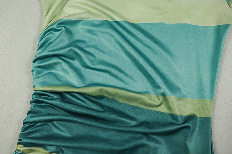 Career Women's Print Pleated Waist Tie Slim Fit Bodycon Round Neck Long-Sleeve Dress 15