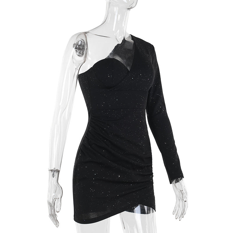 Women Autumn Sexy One Shoulder Long Sleeve Gathered Bodycon Dress 10