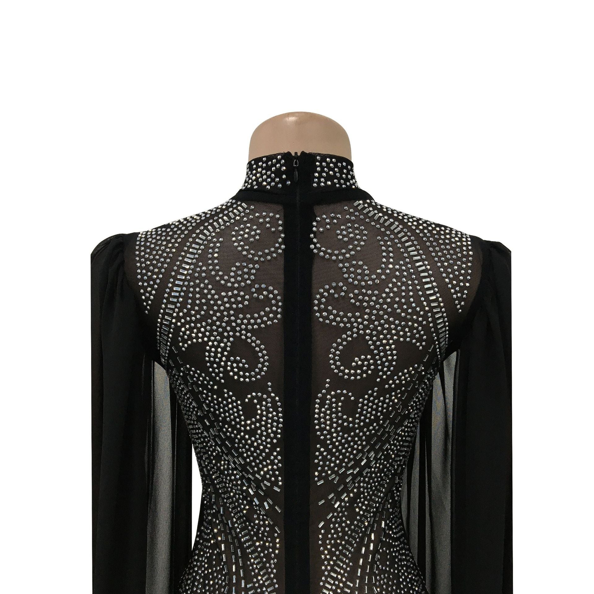 Women Beaded Mesh See-Through Slit Sleeve Jumpsuit 14
