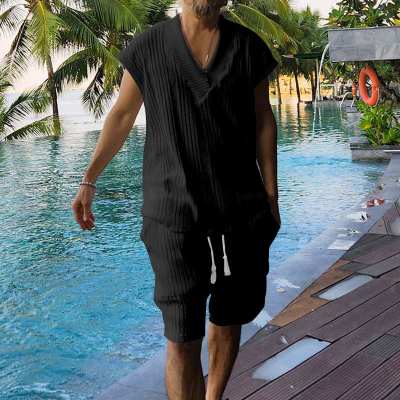 Men's Summer Loose Sleeveless T-Shirt Shorts Men's Summer Casual Jacquard Knitting Set 8