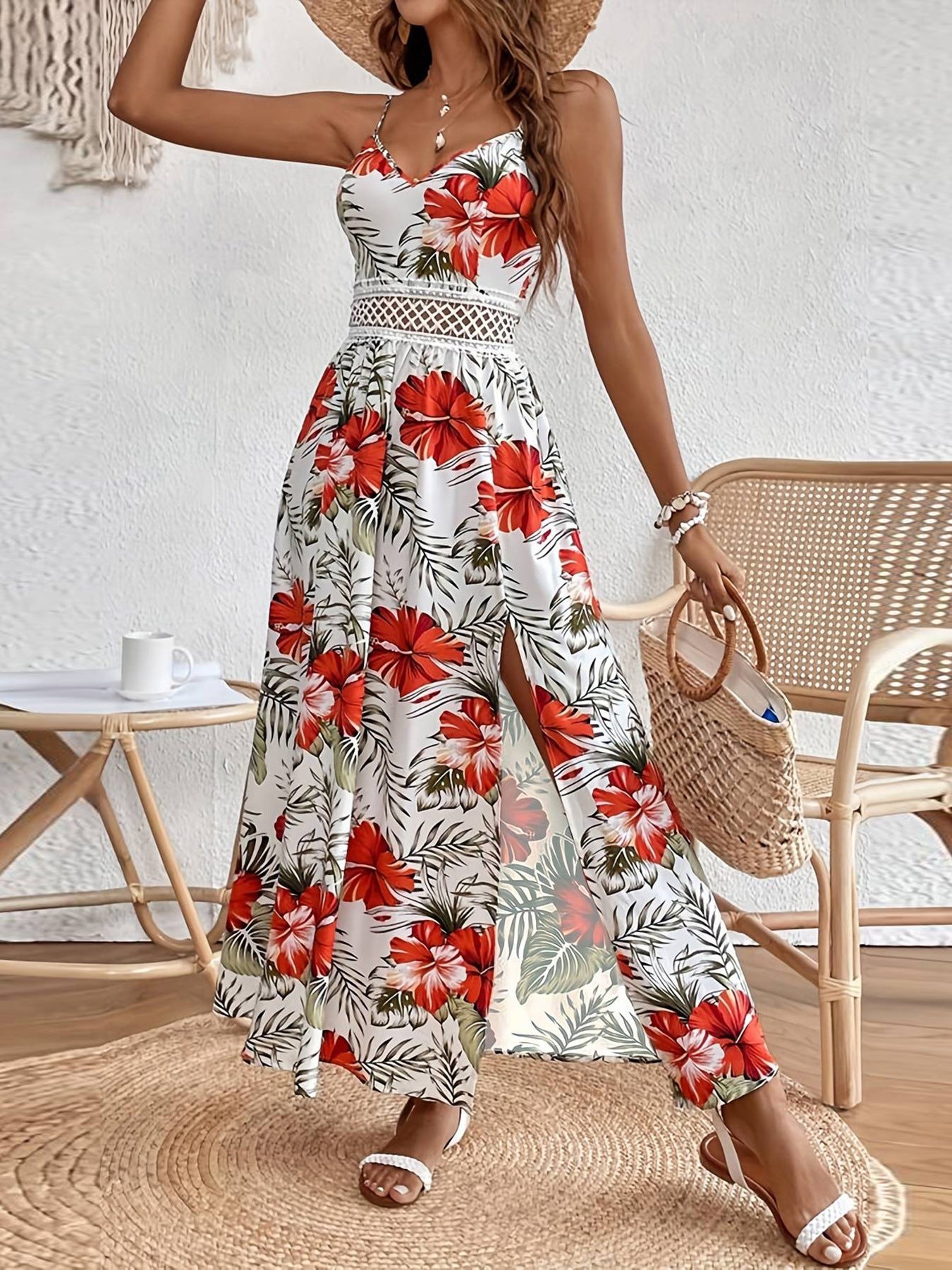 Women's Bohemian Chiffon Printed Lace Strap Summer Long Dress 4
