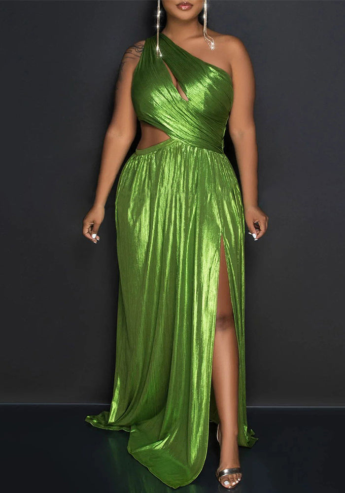 Women's One-Shoulder Evening Gown Sexy High-Slit Open Waist Dress