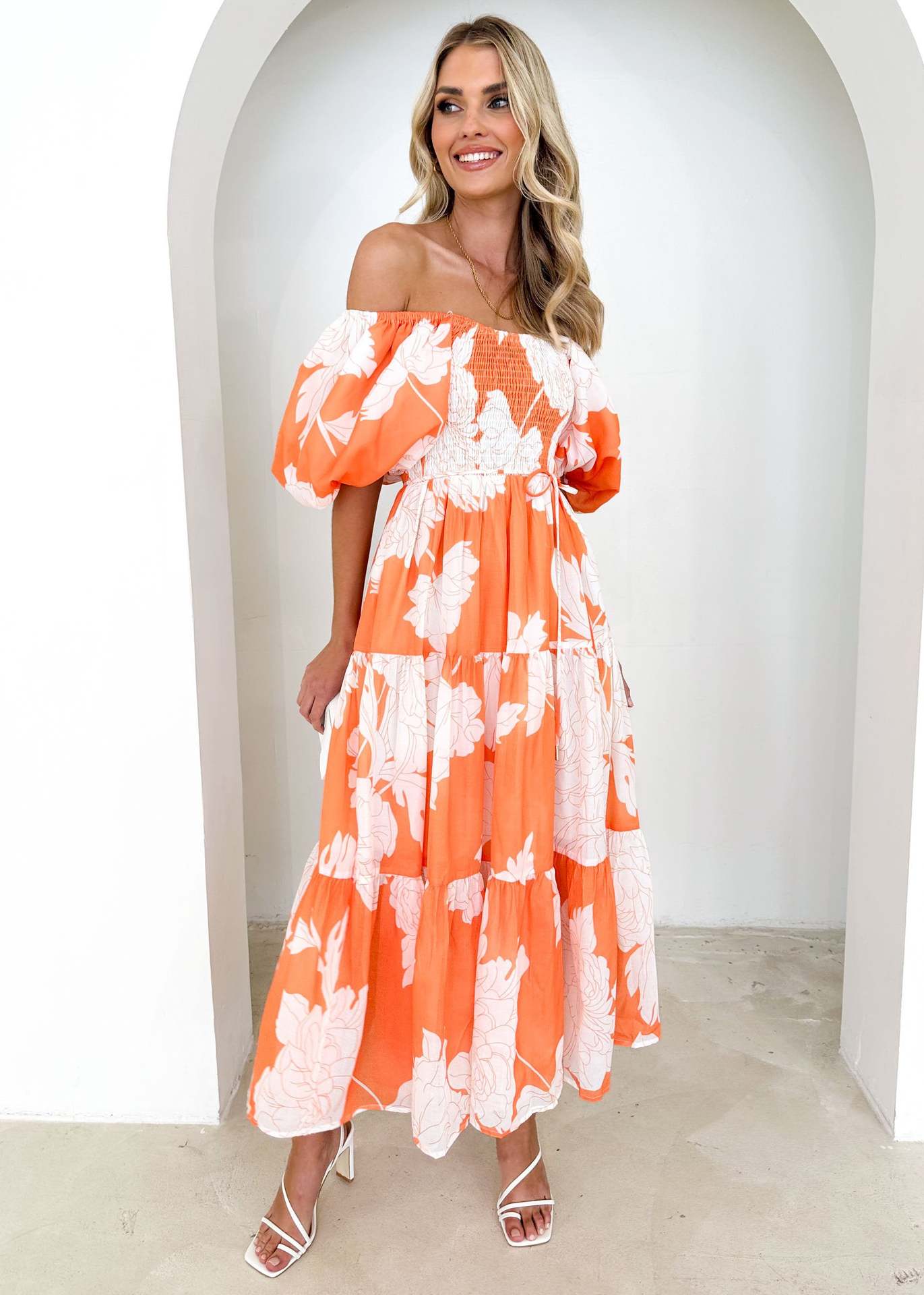 Women Elegant Print Off Shoulder Puff Sleeve Dress 22