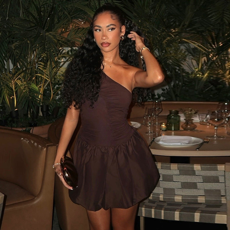 Women's Elegant Irregular Slash Shoulder Solid Color A-Line Sleeveless Ruffle Short Dress