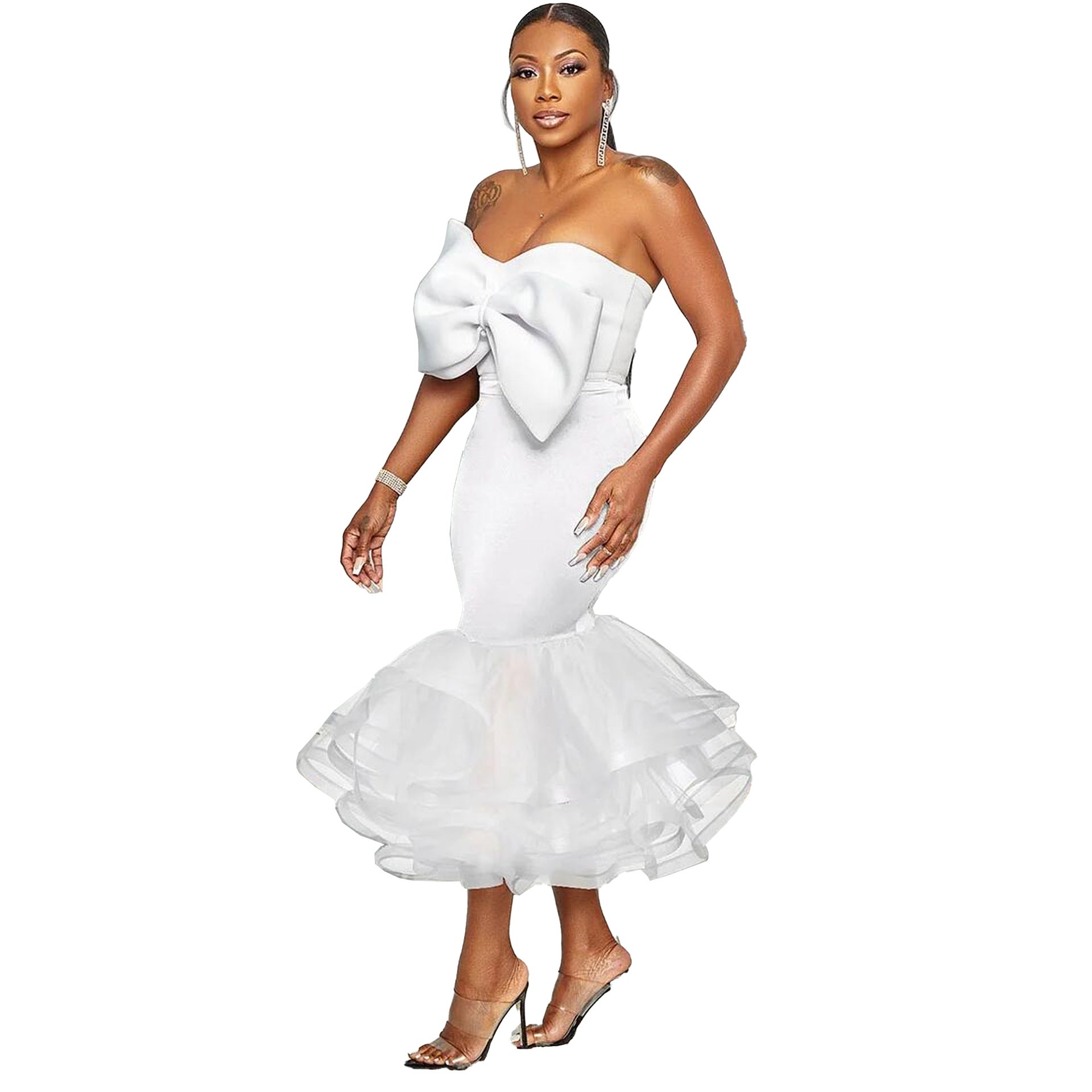 Sexy Slim Contrast Color Strapless Bow Mesh Top Mermaid Party Skirt two piece set 8