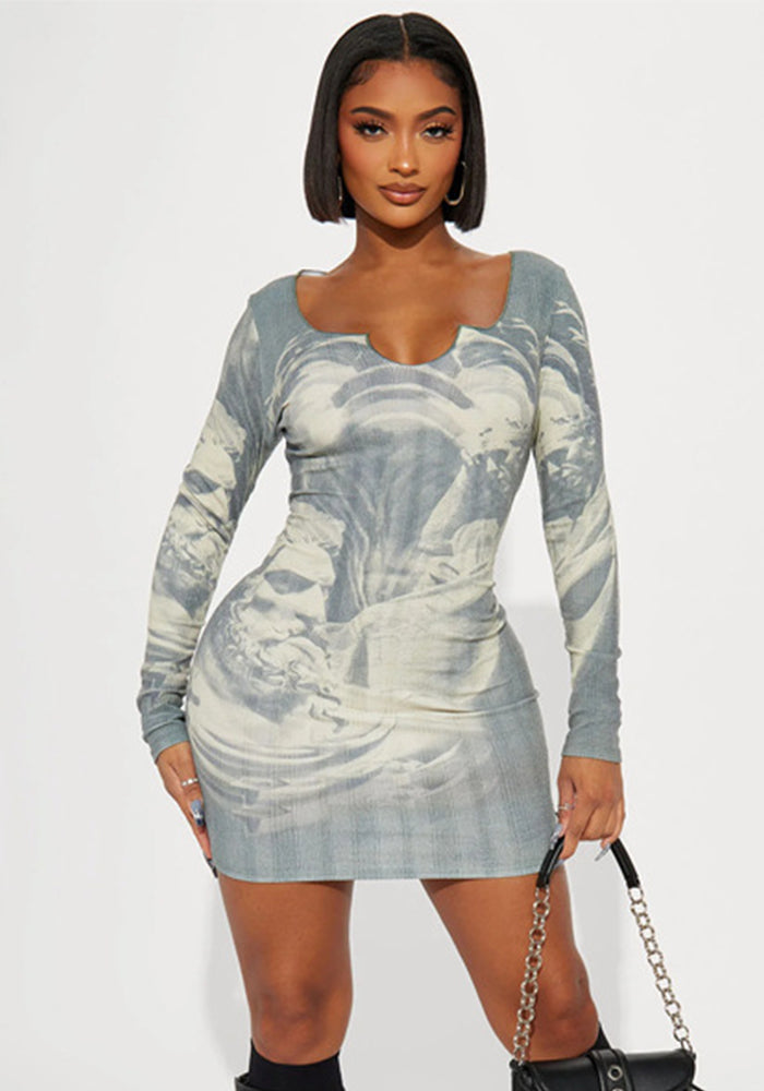 Women's Fashion Print Slim Fit Slim Waist Long Sleeve Tight Bodycon Dress