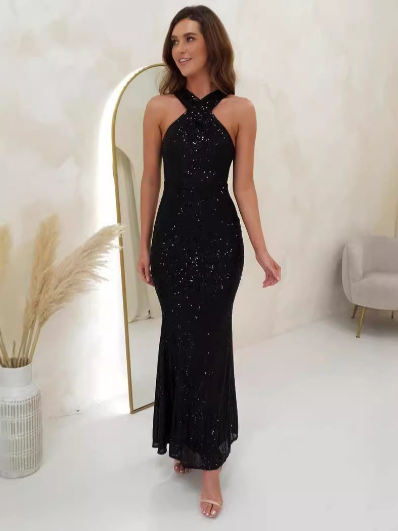 Summer Fashion Sequins Halter Neck Sexy Slim Elegant Long Evening Dress 9